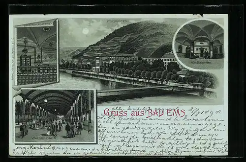 Mondschein-Lithographie Bad Ems, Kraehnchenbrunnen, Kurgarten, Kesselbrunnen, Wandelbahn