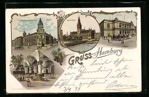 Lithographie Hamburg, Oberpostdirektion, Rathaus, Restaurant Ratsweinkeller und Börse, Goldene Konturen