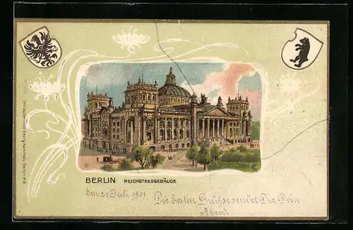 Passepartout-Lithographie Berlin, Gesamtansicht des Reichstagsgebäudes, Wappen mit Berliner Bären