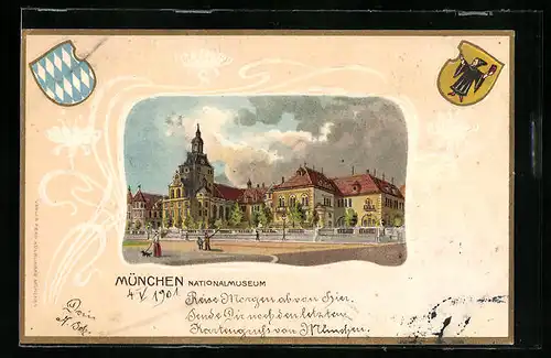 Passepartout-Lithographie München, Nationalmuseum, Wappen mit Münchner Kindl