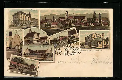 Lithographie Wörishofen, Kurhaus, Pfarrkirche, Pfarrhof, Frauenbad Geromiller, Wandelbahn