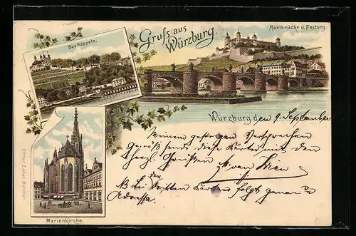 Lithographie Würzburg, Bas Käppele, Marienkirche, Mainbrücke und Festung