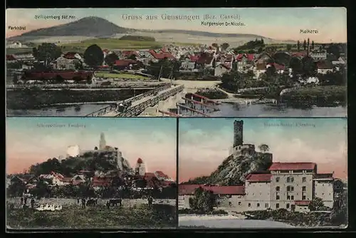 AK Gensungen b. Cassel, Schloss-Ruine Felsburg, Molkerei, Parkhotel