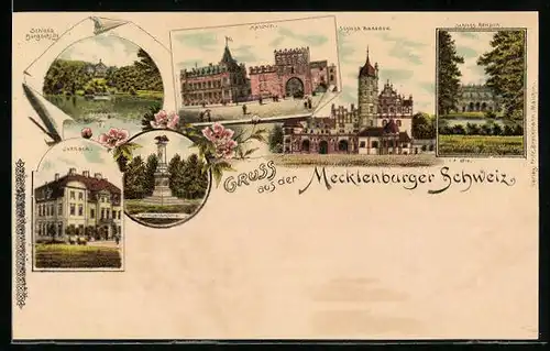 Lithographie Malchin i. Mecklenburg. Schweiz, Schloss Basedow, Schloss Remplin