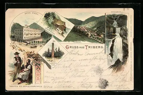 Lithographie Triberg, Ortsansicht mit Hotel Engel und Bauernhaus, Trachten aus dem Schwarzwald