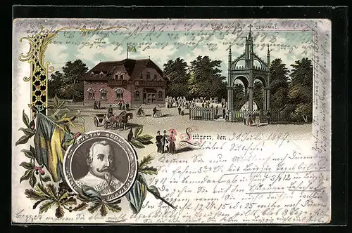 Lithographie Lützen, Gustav Adolf Denkmal mit Gasthof