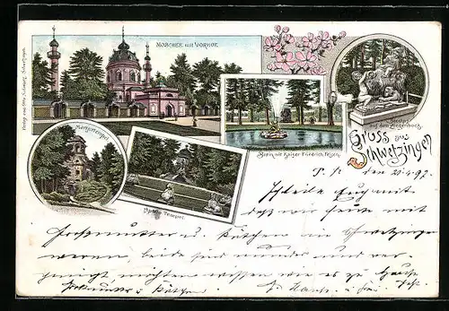 Lithographie Schwetzingen, Moschee mit Vorhof, Merkurtempel, Apollotempel, Basin mit Kaiser Friedrich Felsen