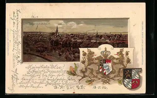 Passepartout-Lithographie Schwabach, Panorama aus der Vogelschau, Wappen