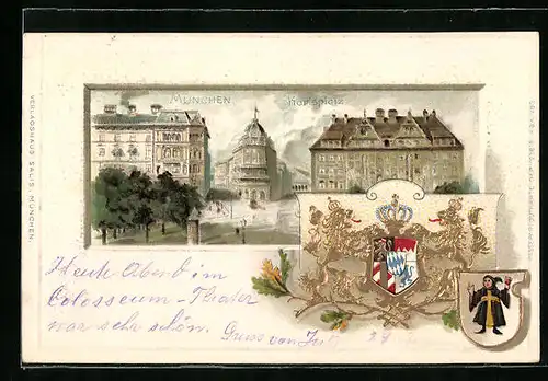 Passepartout-Lithographie München, Strassenpartie am Karlsplatz, Wappen mit Münchner Kindl