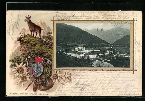 Passepartout-Lithographie Ettal, Gesamtansicht aus der Vogelschau, Wappen mit Gämsen