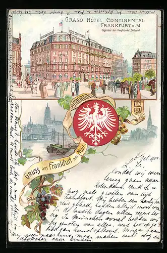 Lithographie Frankfurt a. M., Grand Hotel Continental gegenüber dem Hauptbahnhof