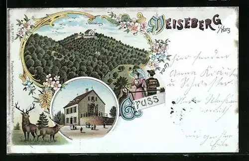 Lithographie Meiseberg i. Harz, Gasthaus Meiseberg und Umgebung, Ausflügler, Hirsche