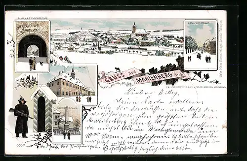 Winter-Lithographie Marienberg /Erzgeb., Ortsansicht, Blick durch das Zschopauer Thor, Wachsoldat
