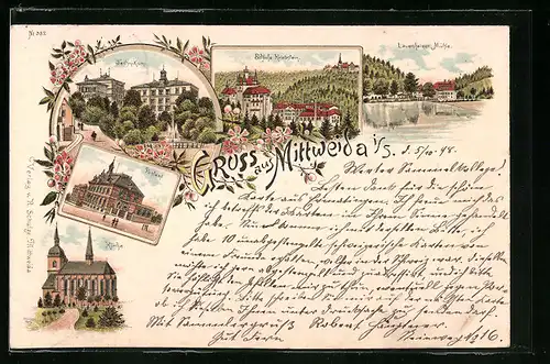 Lithographie Mittweida /Sa., Postamt, Technikum, Lauenheiner Mühle