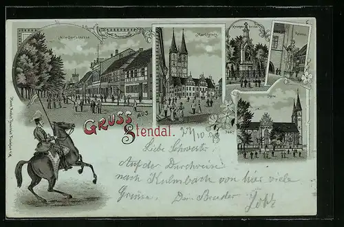 Mondschein-Lithographie Stendal, Partie Alte Dorfstrasse, Marktplatz, Husar zu Pferde