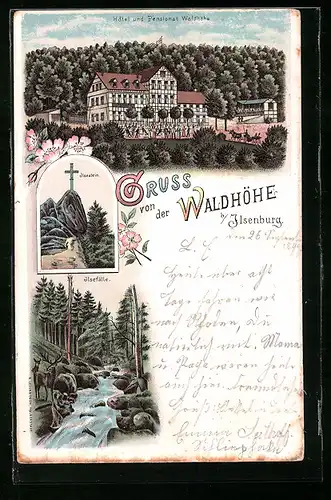 Lithographie Ilsenburg, Hotel und Pensionsat Waldhöhe, Ilsestein und Ilsenfälle