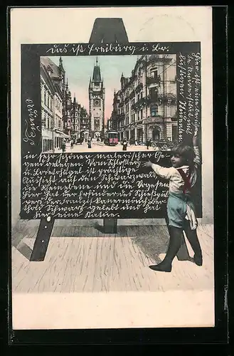 Schultafel-AK Anton Hoffmann - München: Freiburg i. Br., Strassenpartie am Martinstor