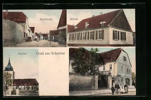 AK Schortau, Gasthof von Albert Eschko, Dorfstrasse, Schule und Kirche