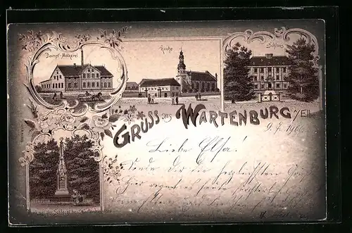 Lithographie Wartenburg a. d. Elbe, Dampf-Molkerei, Kirche, Schloss und Denkmal der Schlacht bei Wartenburg 1813