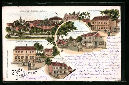 Lithographie Schlanstedt, Gasthof zur Bergschenke. Landwirth F. Miehe, Amt, Rittergut und Kirche