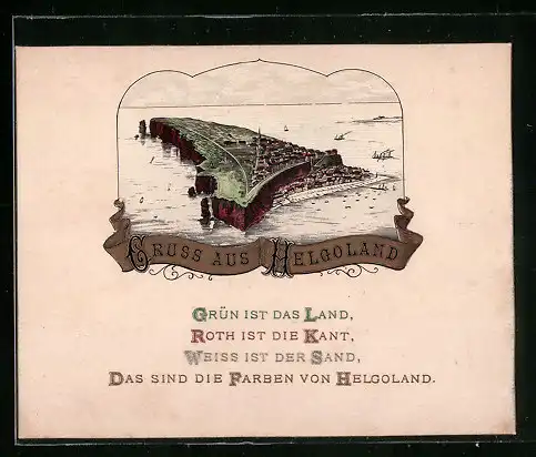 Mini-Lithographie Helgoland, Gesamtansicht aus der Vogelschau mit Goldschnitt-Kante