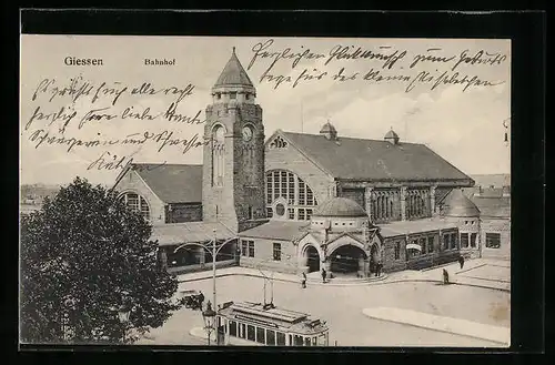 AK Giessen, Blick auf den Bahnhof, Strassenbahn