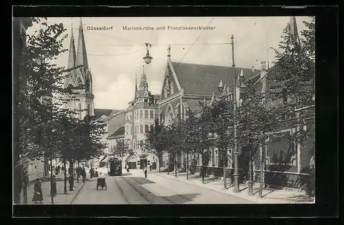 AK Düsseldorf, Marienkirche und Franziskanerkloster mit Strassenbahn