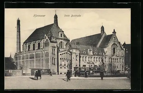 AK Hannover, Städt. Badehalle und Strassenbahn