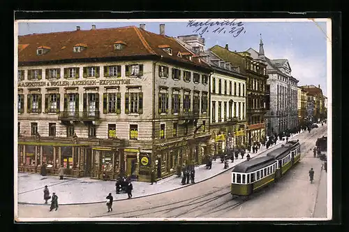 AK Karlsruhe, Marktplatz-Kaiserstrasse mit Strassenbahn