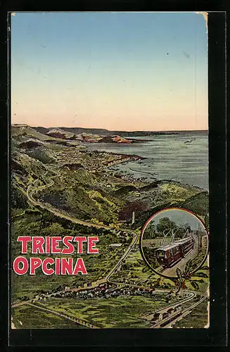 AK Trieste-Opcina, Panoramablick auf Stadt und Meer