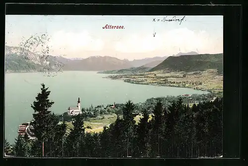 AK Attersee, Attersee aus der Vogelschau mit Kirche