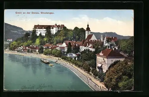 AK Grein a.d. Donau, Flusspartie mit Strudengau