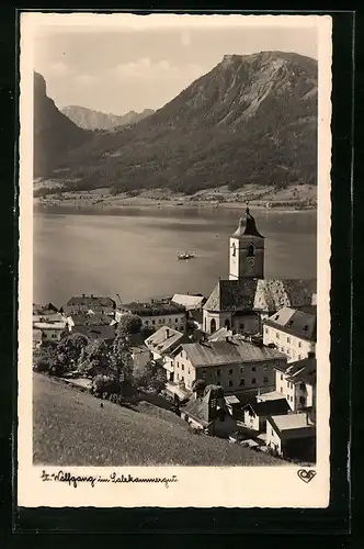 AK St. Walfgang, Teilansicht mit Kirche und See
