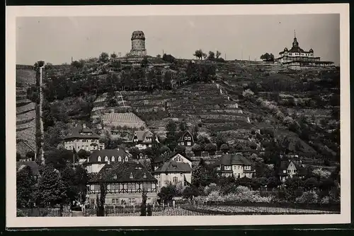 Fotografie Brück & Sohn Meissen, Ansicht Radebeul-Oberlössnitz, Blick auf den Ortsteil mit Bismarckturm und Spitzhaus