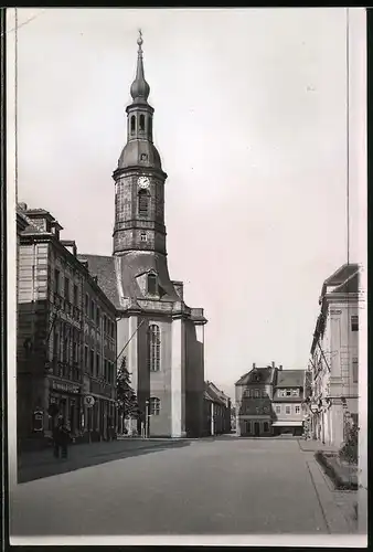 Fotografie Brück & Sohn Meissen, Ansicht Grossenhain, Blick auf den Kirchplatz mit Marienkirche, Germania Drogerie