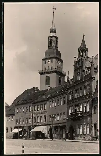Fotografie Brück & Sohn Meissen, Ansicht Frankenberg i. Sa., Markt mit Geschäft Gustav Günther, Rathaus