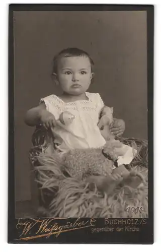Fotografie W. Weifsgräber, Buchholz, Kleines Baby mit einem Kuscheltier