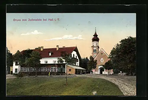 AK Judenstein bei Hall i. T., Strassenpartie mit Kirche