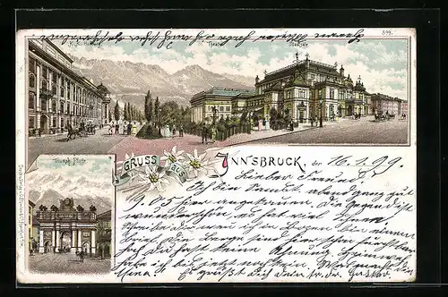 Lithographie Innsbruck, K. K. Hofburg mit Theater und Stadtsälen, Triumph-Pforte