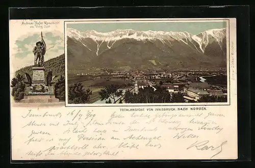 Lithographie Innsbruck, Teilansicht nach Norden, Andreas Hofer Monument am Berg Isel