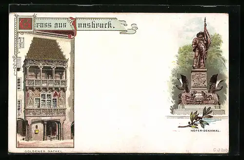 Lithographie Innsbruck, Gasthaus Goldenes Dachel, Hofer-Denkmal