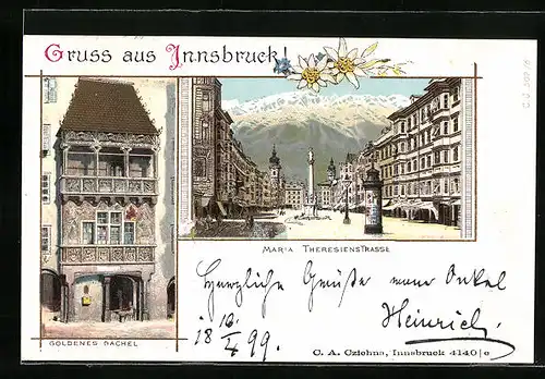 Lithographie Innsbruck, Gasthaus Goldenes Dachel, Maria Theresienstrasse mit Denkmal