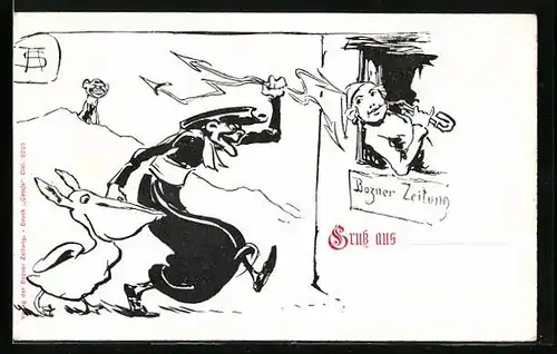 Künstler-AK Bozen, Aufgebrachter Jesuit stürmt Büro der Bozener Zeitung
