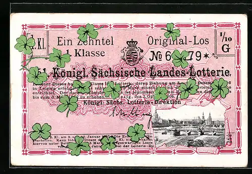 Künstler-AK Ein Zehntel Los der Königlich Sächsischen Landes-Lotterie, Stadtansicht