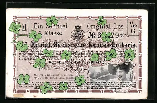 Künstler-AK Ein Zehntel Los der Königlich Sächsischen Landes-Lotterie, Junge Dame mit Hut