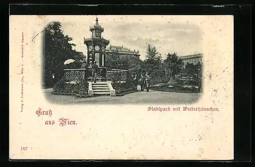 AK Wien, Wetterhäuschen im Stadtpark mit Besuchern