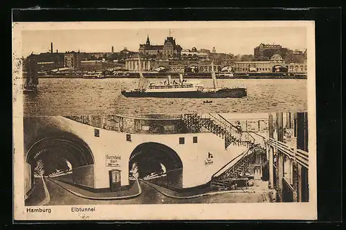 Künstler-AK Hamburg-St. Pauli, Elbtunnel - Innenansicht und Panorama an der Elbe