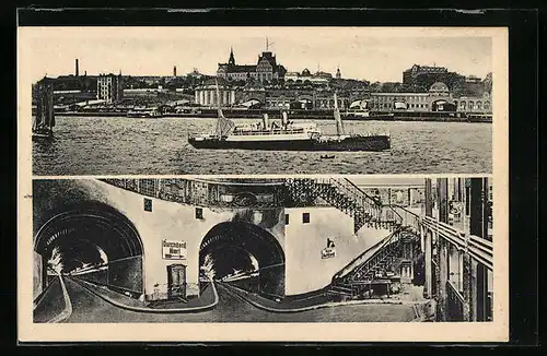 Künstler-AK Hamburg-St. Pauli, Elbtunnel - Innenansicht und Elbpanorama