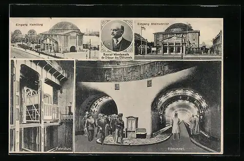 Künstler-AK Hamburg-St. Pauli, Elbtunnel, Eingänge Hamburg und Steinwerder, Innenansicht, Fahrstuhl