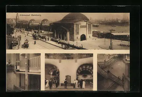 Künstler-AK Hamburg-St. Pauli, Elbtunnel, Innenansichten und Aussenansicht